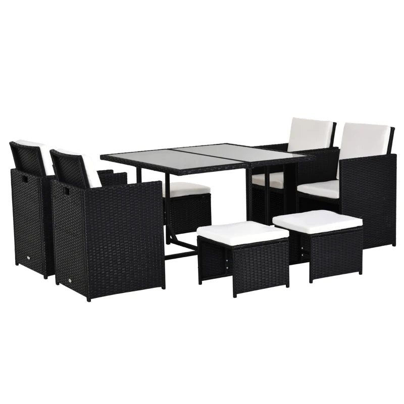 Outsunny 9 Pieces PE Rattan Cube Garden Furniture Set with Cushions, Outdoor Dining Table Set with 4 Armchair, 4 Stool, and Square Glass Top Table, Black
