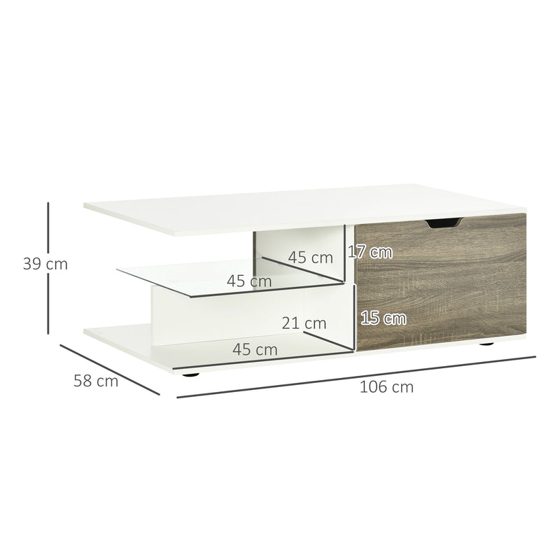 HOMCOM Modern Coffee Table w/ Tempered Glass Shelve, Drawers for Living Room