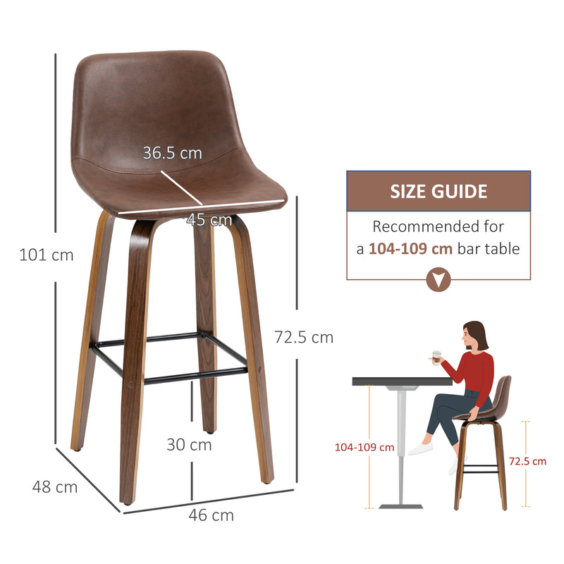 HOMCOM Counter Height Bar stools Set of 2 Mid-Back PU with Wood Legs, Brown