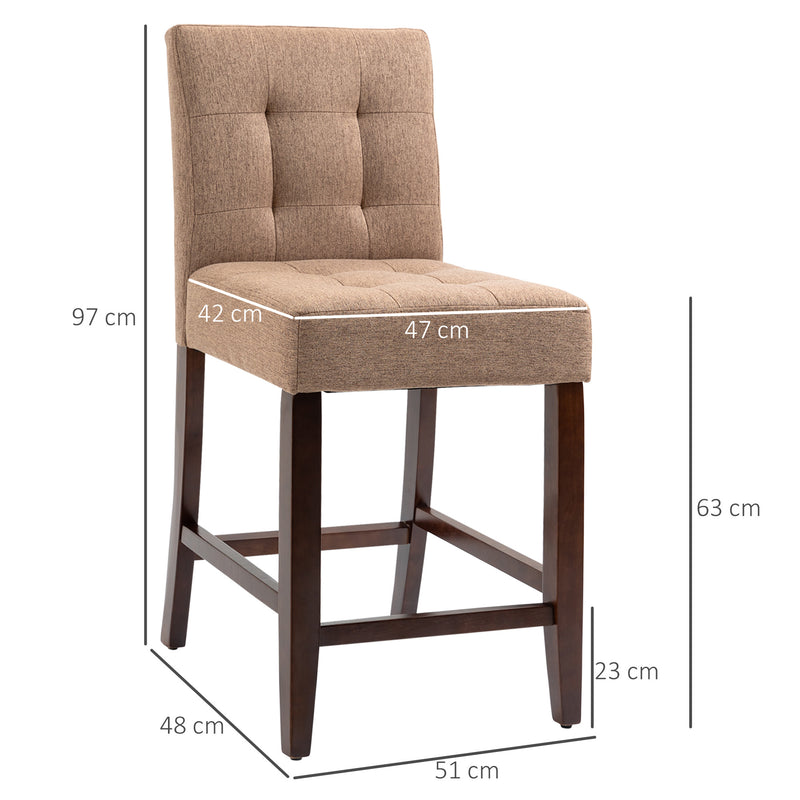 HOMCOM Modern Fabric Bar Stools Set of 2 Bar Chairs with Back Wood Legs Brown