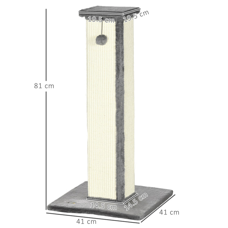 PawHut 81cm Cat Scratching Post w/ Sisal Rope, Hanging Ball, Soft Plush - Grey