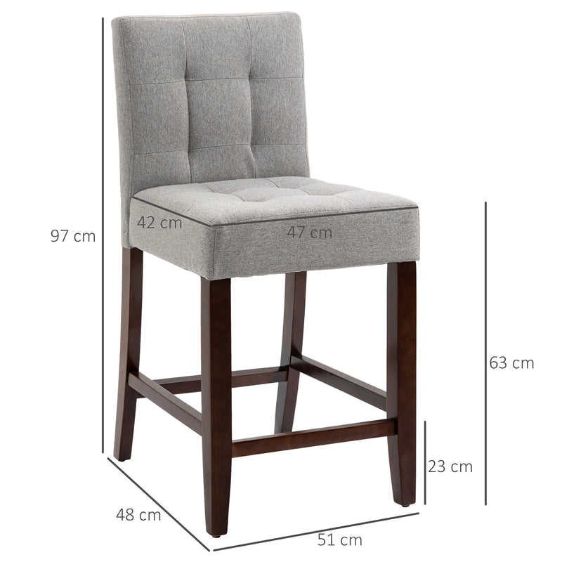 HOMCOM Modern Fabric Bar Stools Set of 2 Bar Chairs with Back Wood Legs Grey