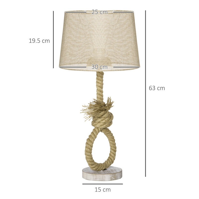 HOMCOM Farmhouse Table Lamp with Fabric Lampshade Knotted Hemp Rope for Study