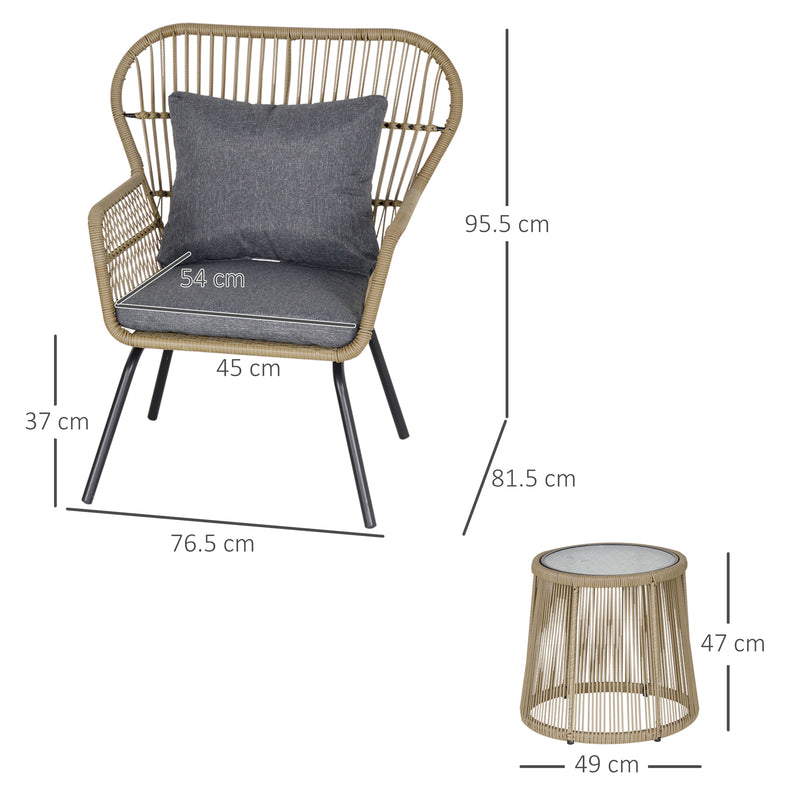 Outsunny 3 PCS Webbed PE Rattan Outdoor Patio Set w/ Cushions Steel Frame Brown