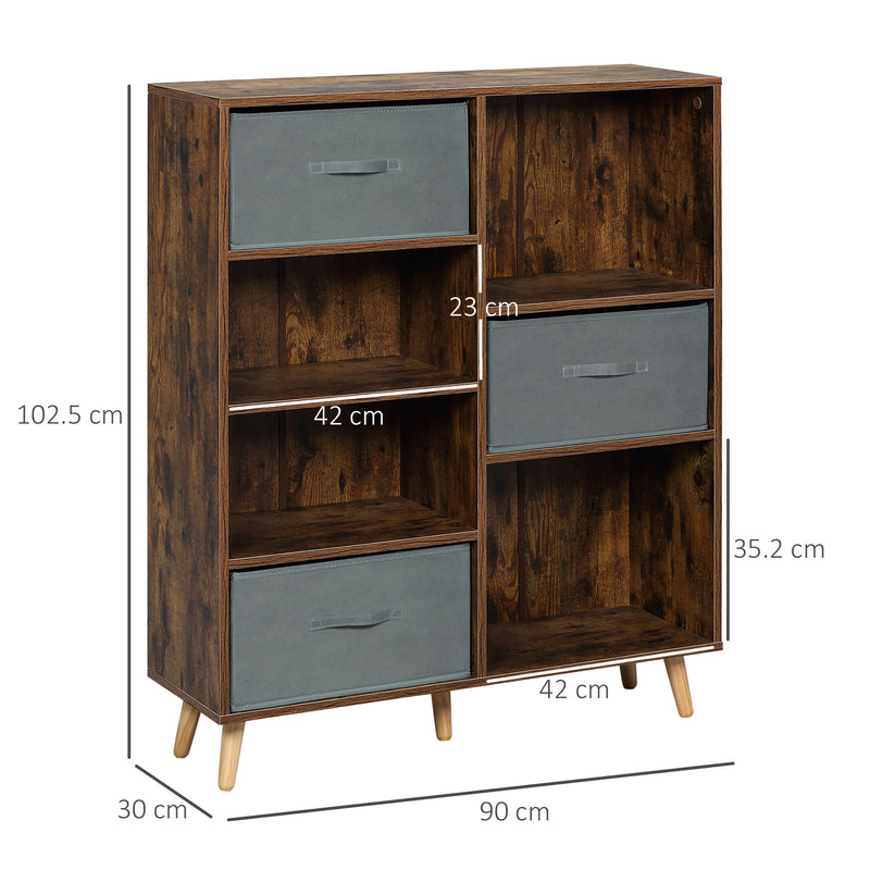 HOMCOM 7 Cube Storage Cabinet Shelving Unit with 3 Fabric Drawers Rustic Brown