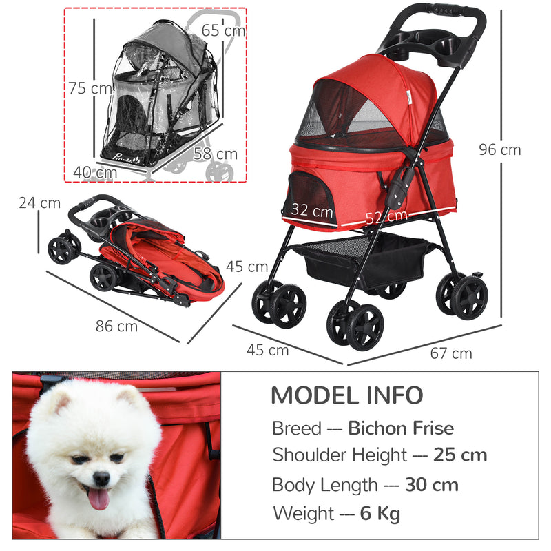 PawHut Dog Stroller with Rain Cover EVA Wheels Brake Basket Adjustable Canopy