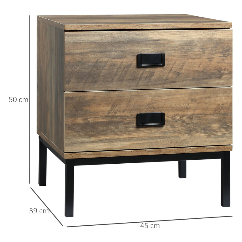 HOMCOM Retro Bedside Table Metal Frame Bedroom Side Table w/ 2 Drawers Coffee