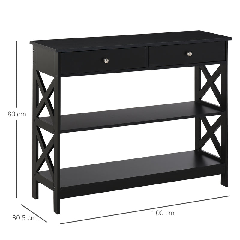 HOMCOM Console Table Side Desk Shelves Drawers Open Top X Support Hallway Black