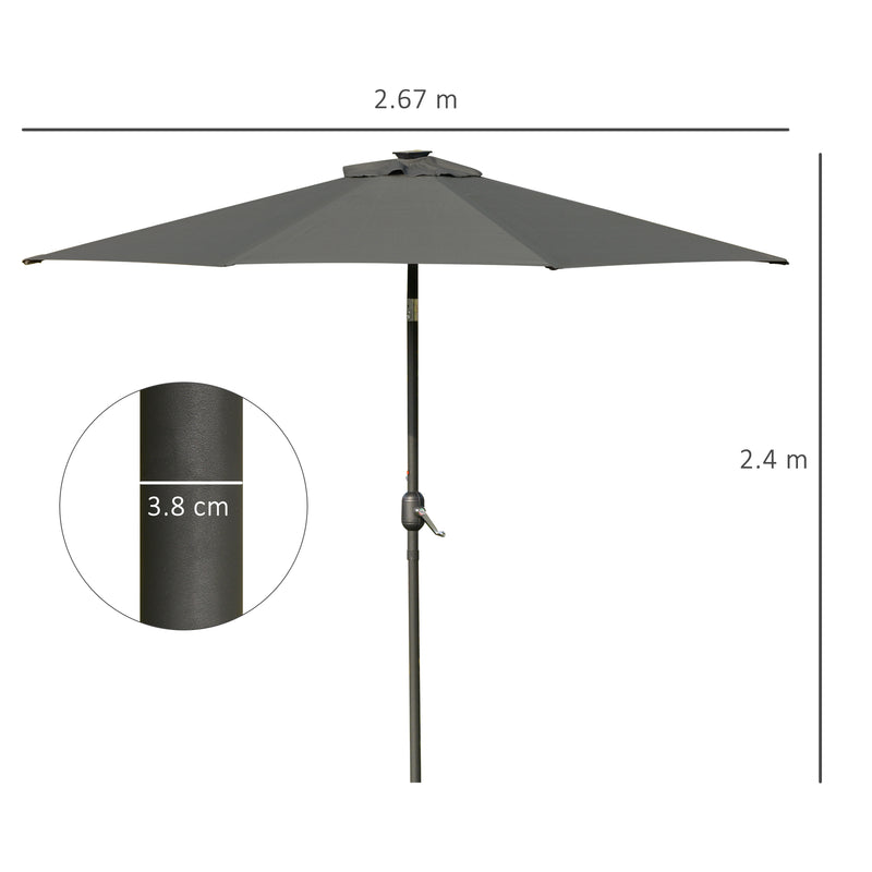Outsunny 2.7m Patio LED Umbrella with Push Button Tilt/Crank 8 Ribs Grey