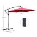 Outsunny 3(m) LED Patio Banana Umbrella Cantilever Parasol w/ Crank, Red