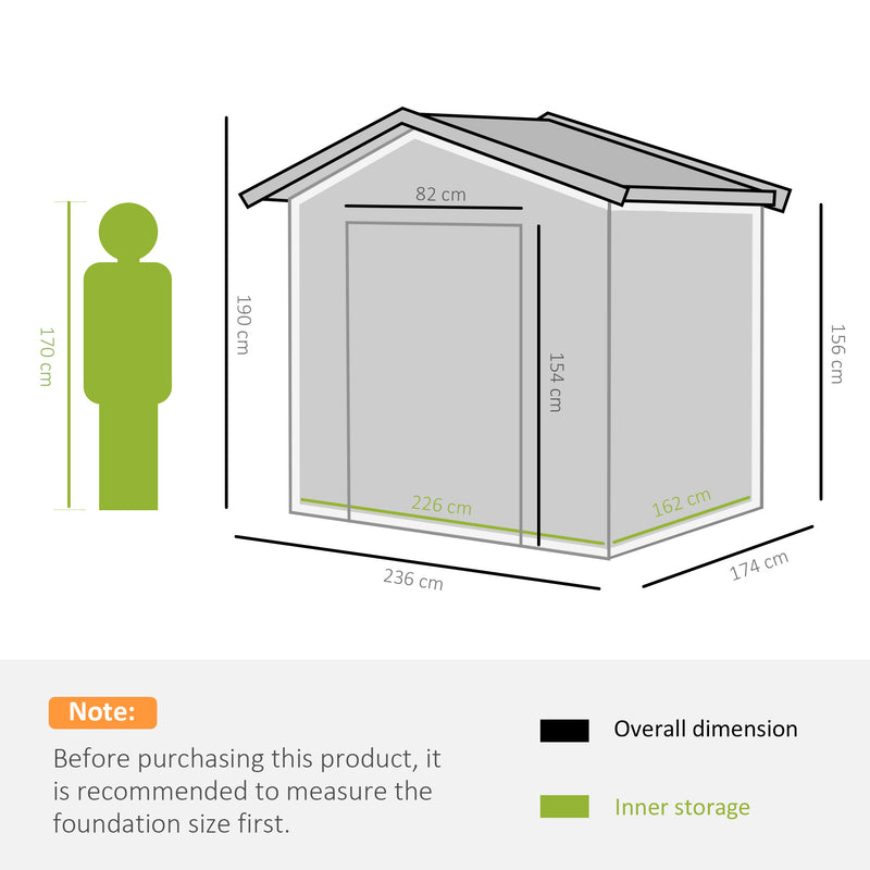 Outsunny 7.7 x 5.7ft Garden Storage Shed with Double Sliding Door Outdoor Grey