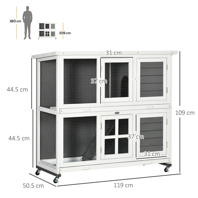 PawHut Wooden Rabbit Hutch, Small Animal House w/ Wheels, Removable Tray - Grey