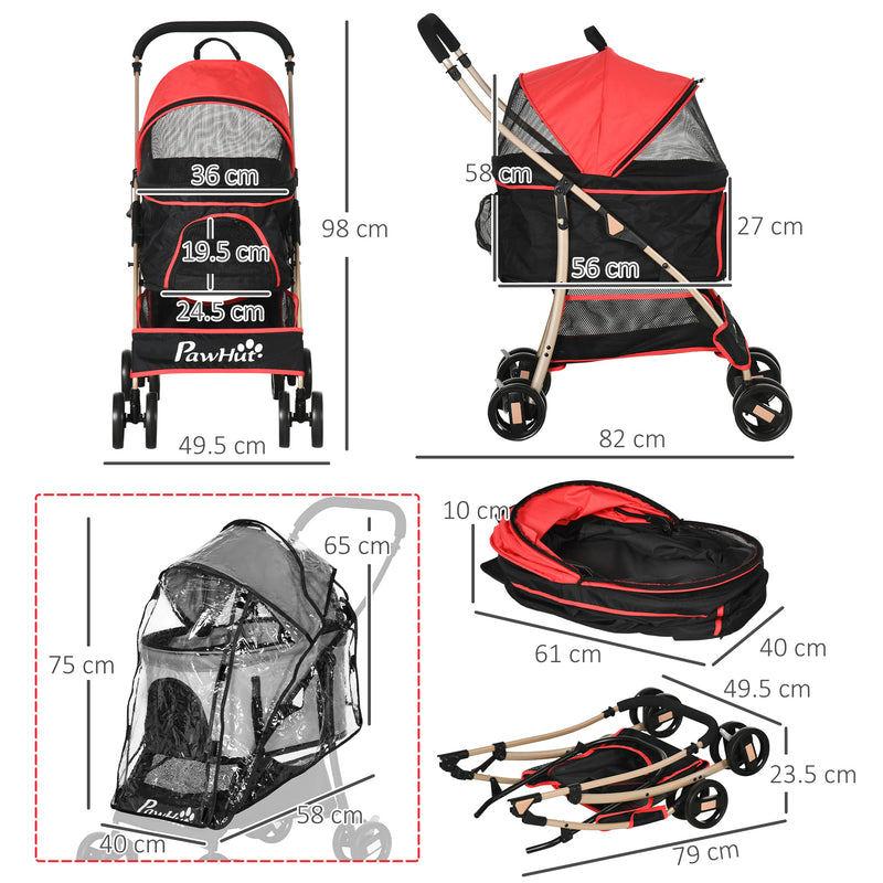 PawHut Detachable Pet Stroller with Rain Cover for Small and Tiny Dogs, Red