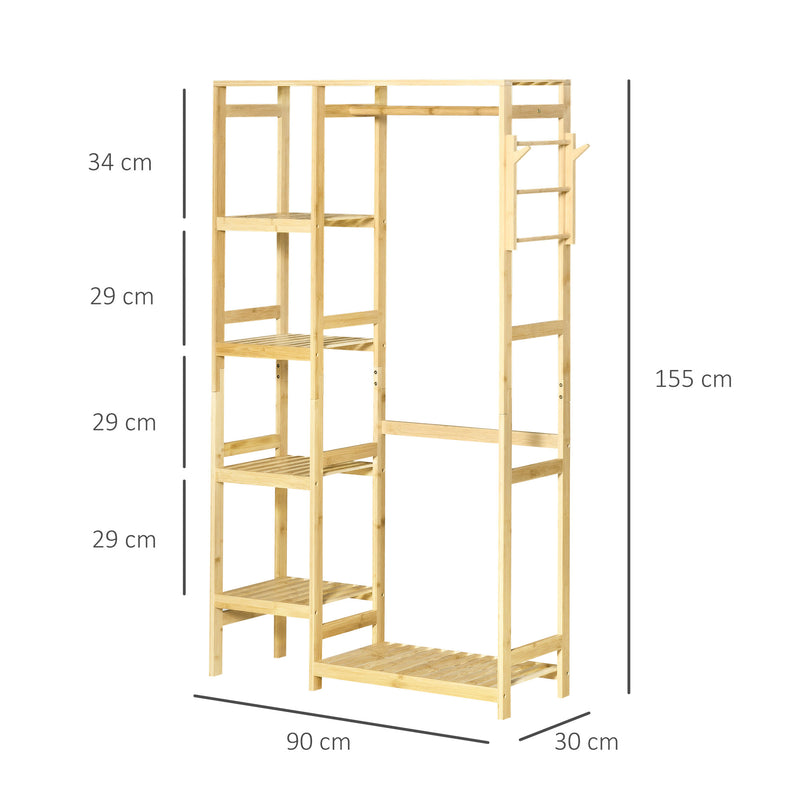 HOMCOM Bamboo Coat Rack w/ Hooks Hanging Rail and Storage Shelf for Entryway
