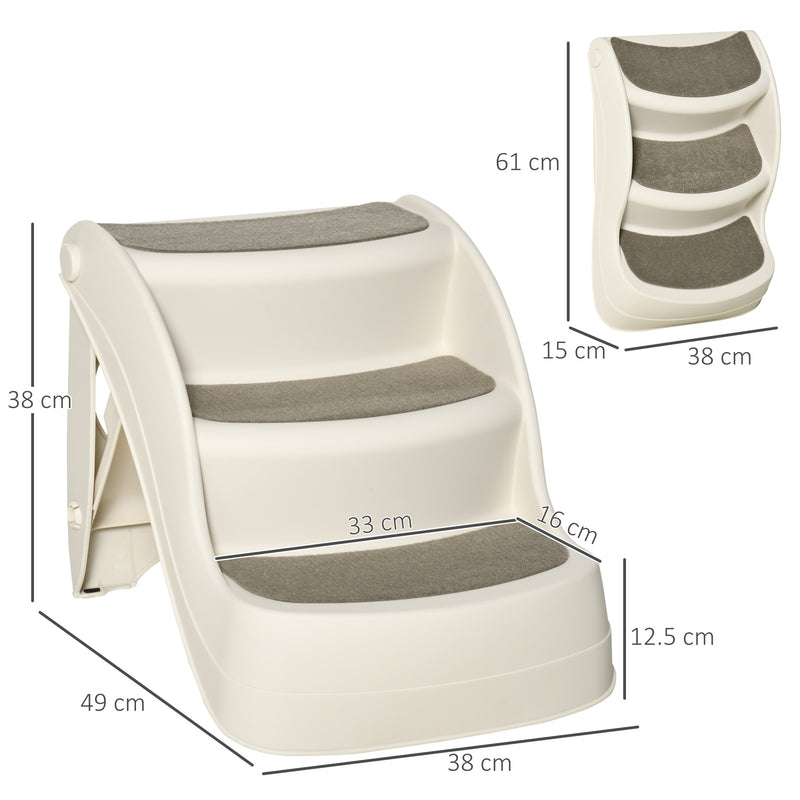 PawHut Foldable Pet Stairs 3 Steps with Non-slip Mats for Small Dogs, Cream