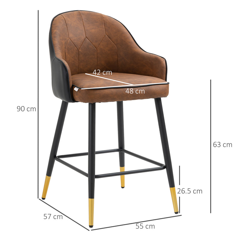 HOMCOM Modern Bar Stools Set of 2, PU Leather Bar Chairs with Steel Legs, Brown