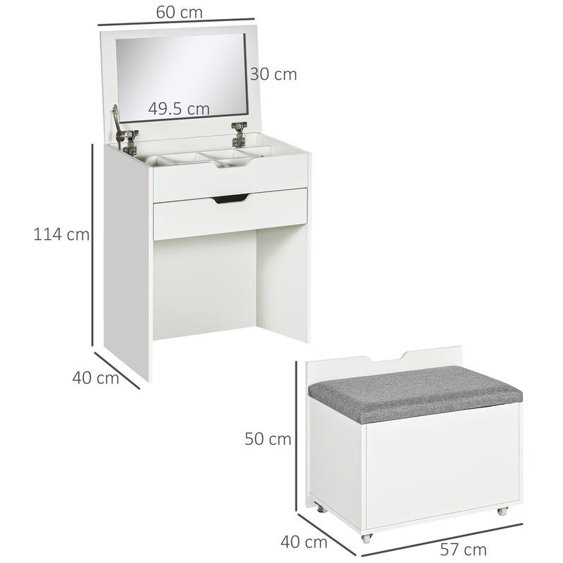 HOMCOM Dressing Table with Mirror and Stool, Vanity Table with Storage, White