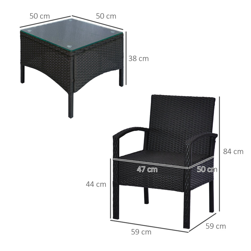 Outsunny 3PC Garden Rattan Bistro Set Balcony Dining Table 2 Seater Chair Black