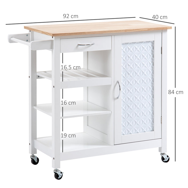 HOMCOM Kitchen Cart on Wheels Trolley with Embossed Door Panel, Drawer, White