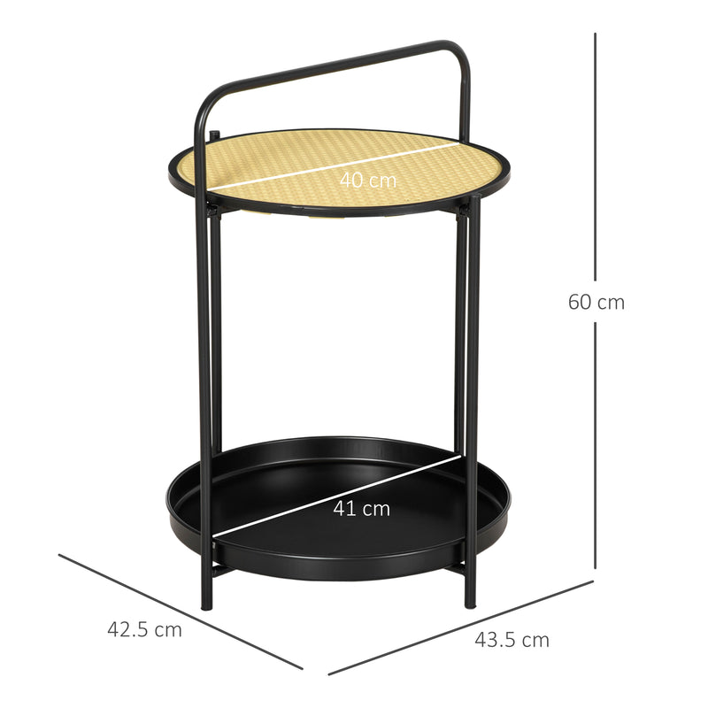 HOMCOM Side Table End Table with Serving Tray and Plastic Rattan Shelf, Black
