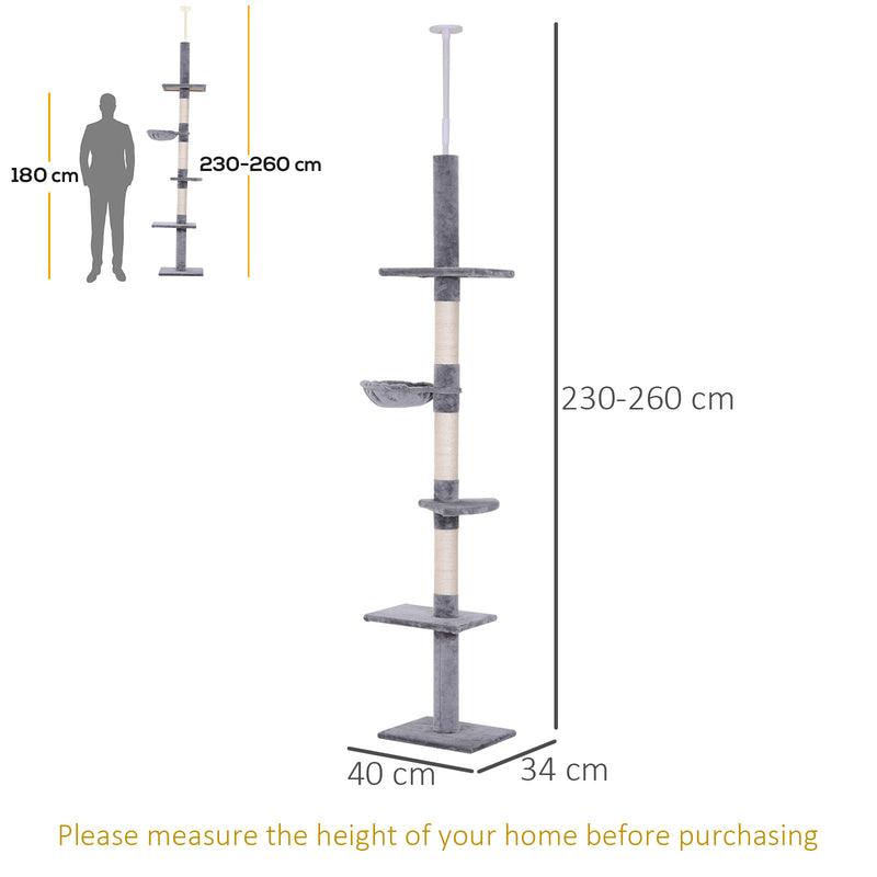 PawHut Floor to Ceiling Cat Tree for Indoor Cats 5-Tier Kitty Tower Grey