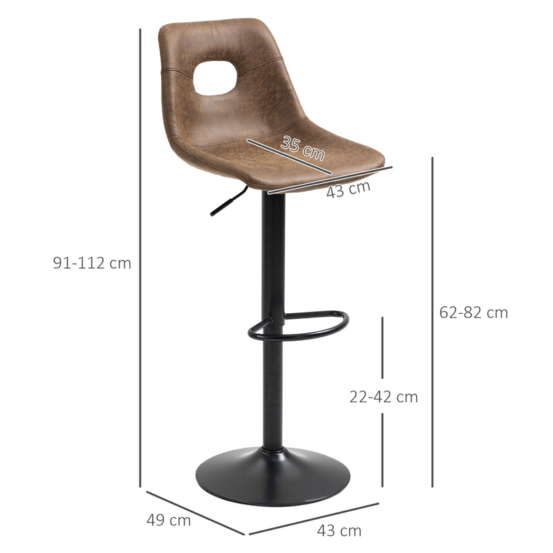 HOMCOM Retro Bar Stools Set of 2 Adjustable Height Swivel Leather-Like Brown
