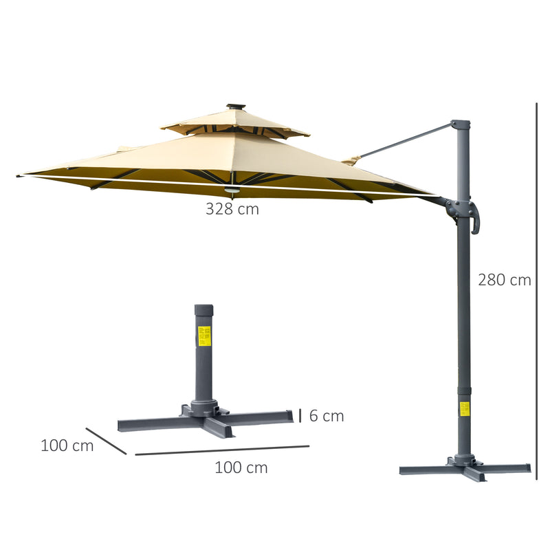 Outsunny 3m Cantilever Parasol Solar Lights Power Bank Base 360° Spin Beige