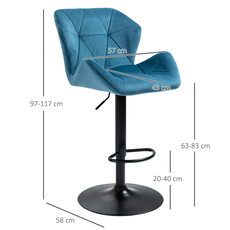 HOMCOM Set Of 2 Luxurious Velvet-Touch Bar Stools Metal Frame Footrest Blue