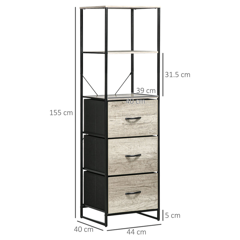 HOMCOM Industrial Storage Cabinet with 2 Shelves 3 Fabric Drawers Grey