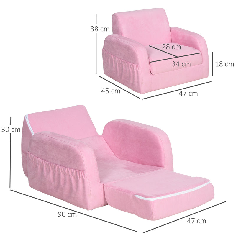 HOMCOM 2 In 1 Kids Armchair Sofa Bed Fold Out Padded Wood Frame Bedroom Pink