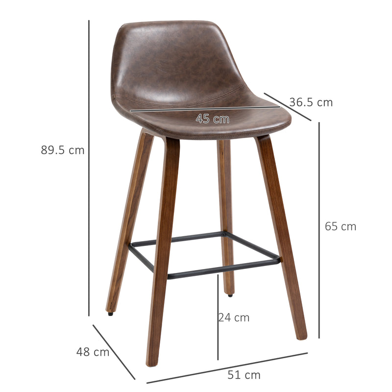 HOMCOM Counter Height Bar stools Set of 2 Mid-Back PU with Wood Legs, Brown