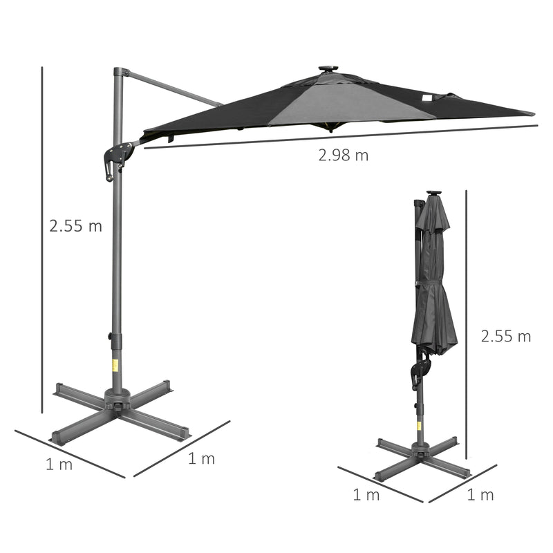 Outsunny 3m Solar LED Cantilever Parasol Adjustable Garden Umbrella Dark Grey