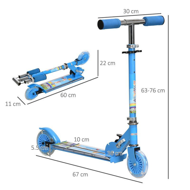 HOMCOM Kids Scooter 2 Wheels W/ Lights Music Adjustable Height Foldable - Blue