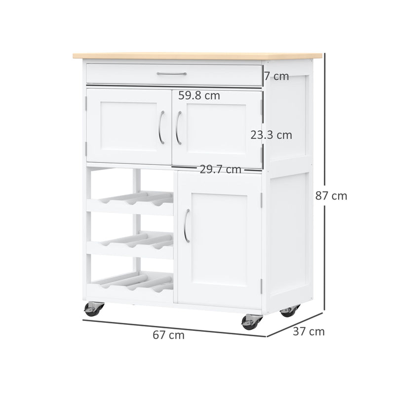 HOMCOM Rolling Kitchen Island Trolley Storage Cart with Rubberwood Top Wine Rack