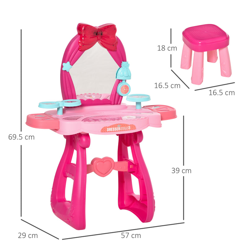 HOMCOM 36 Pcs Kids Vanity Dressing Table w/ Stool Lights Music Bright Red+Pink