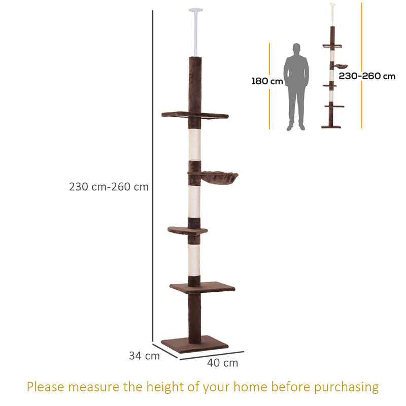PawHut Floor to Ceiling Cat Tree for Indoor Cats 5-Tier Kitty Tower Brown