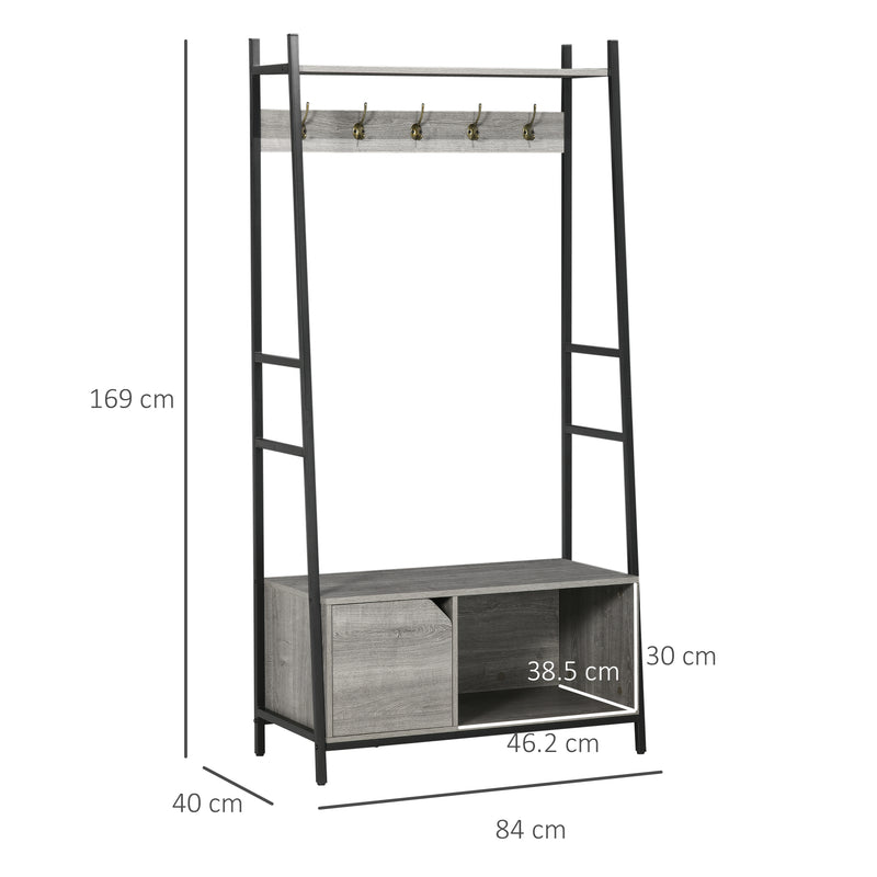 HOMCOM Coat Rack Stand, Shoe Bench with 5 Hooks and Storage Cabinet Grey