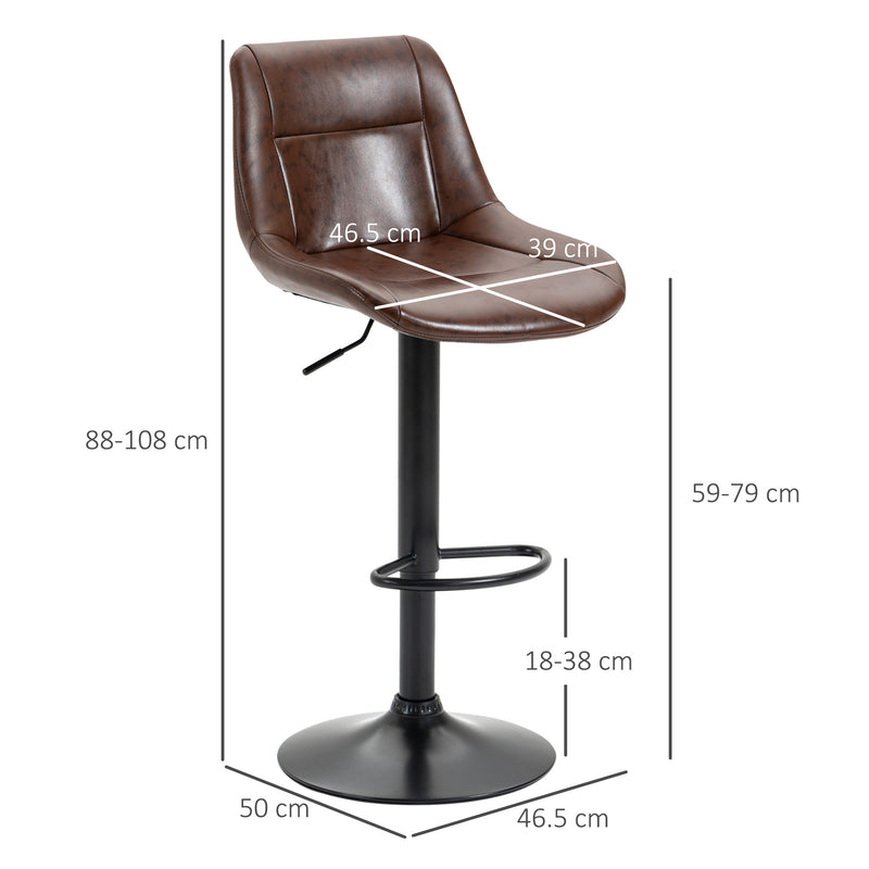 HOMCOM Modern Swivel Bar Stools Set of 2 Adjustable Height PU Bar Chairs Brown