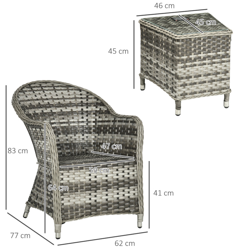 Outsunny 3 PCS Aluminium Rattan Bistro Set with Soft Cushions & Glass Top