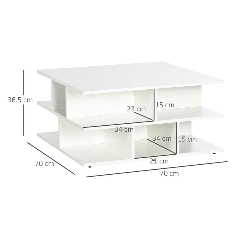 HOMCOM Square Modern 2-Tier Coffee Table with Multiple Storage Shelves White