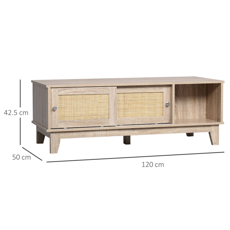 HOMCOM Coffee Table with Storage, Tea Table with Sliding Doors & Natural Rattan