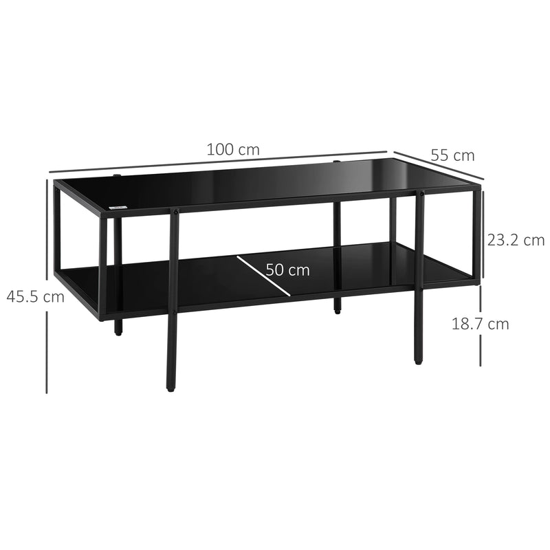 HOMCOM Coffee Table with Tempered Glass Top, Centre Table with 2-Tier Storage
