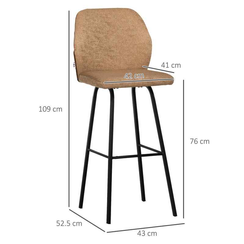 HOMCOM Bar Stools Set of 2, Upholstered Kitchen Stools with Back, Footrest