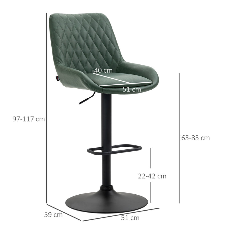 HOMCOM Bar Stools Set of 2, Adjustable Bar Chairs 360° Swivel for Kitchen Green