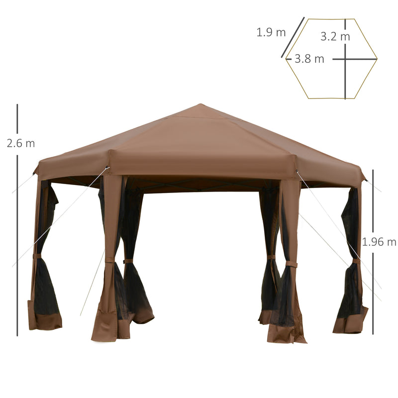 Outsunny 3.2m Pop Up Gazebo Hexagonal Canopy Tent Outdoor w/Sidewalls Brown