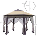 Outsunny 4x4m Hexagon Gazebo w/ Metal Frame Mesh Curtains Outdoor Garden, Beige