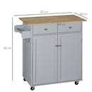 HOMCOM Rolling Kitchen Island, Utility Serving Cart with Rubber Wood Top Grey