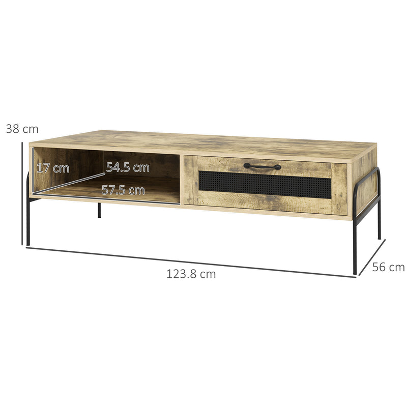 HOMCOM Industrial Coffee Table W/ Drawer and Open Storage Compartment Metal Legs