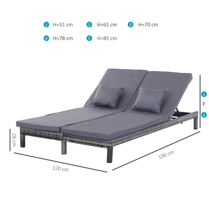 Outsunny 2 Person Rattan Lounger Adjustable Double Chaise Chair w/ Cushion Grey
