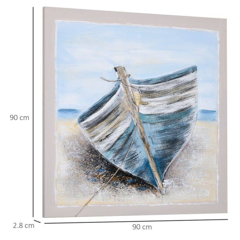 HOMCOM Hand-Painted Wall Art, Canvas Painting Artwork Beach Boat, 90 x 90 cm